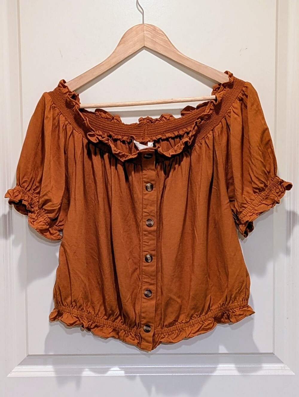 EUC H&M XL Burnt Orange Rayon and Linen Blend Boho Ruffle Crop Top